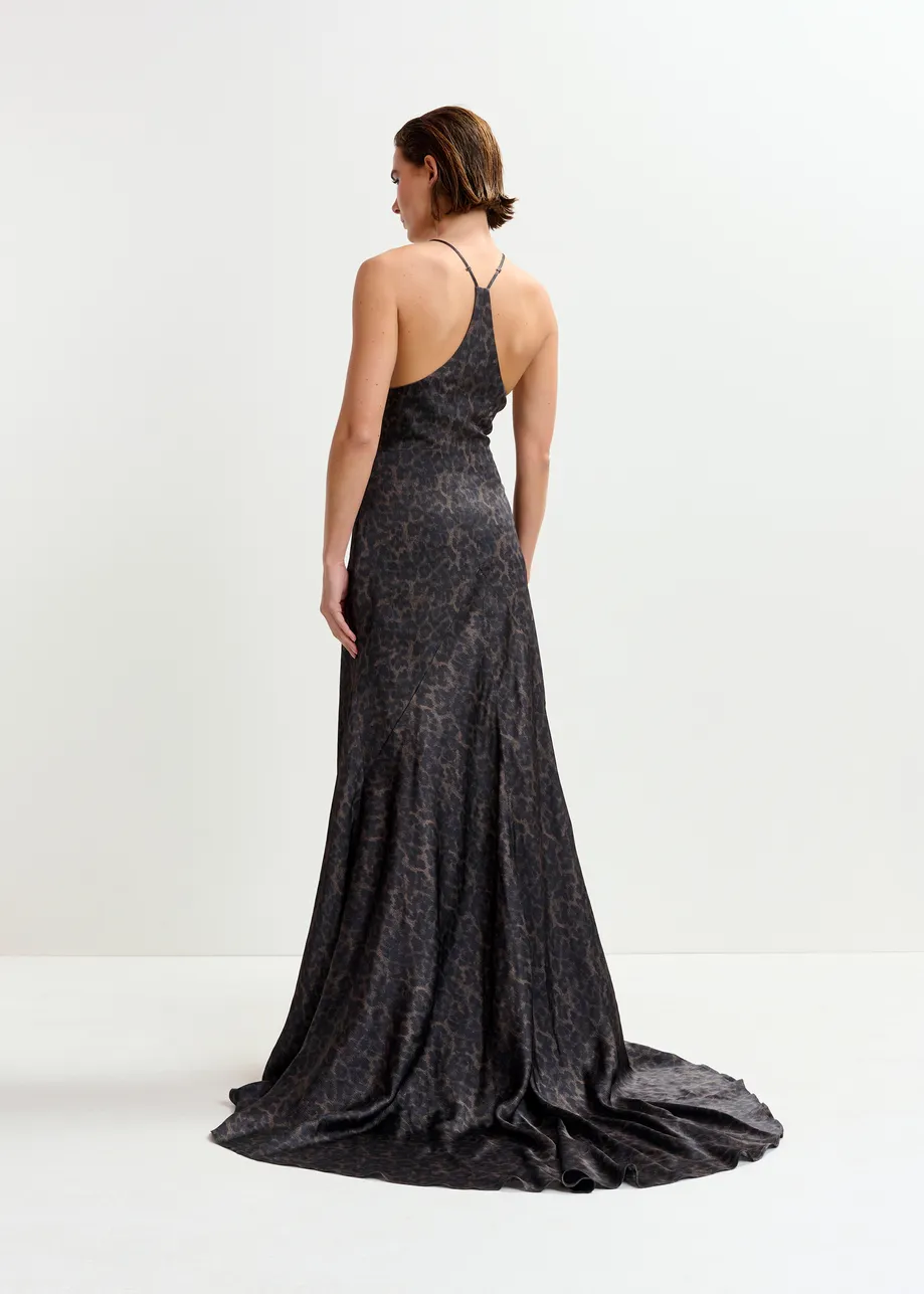 Brown and black leopard print maxi slip dress