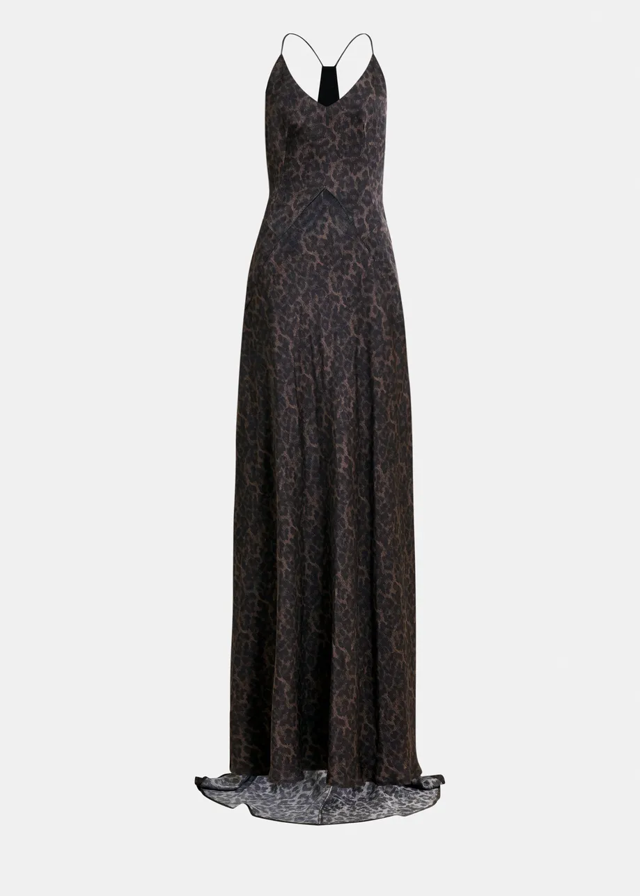 Brown and black leopard print maxi slip dress
