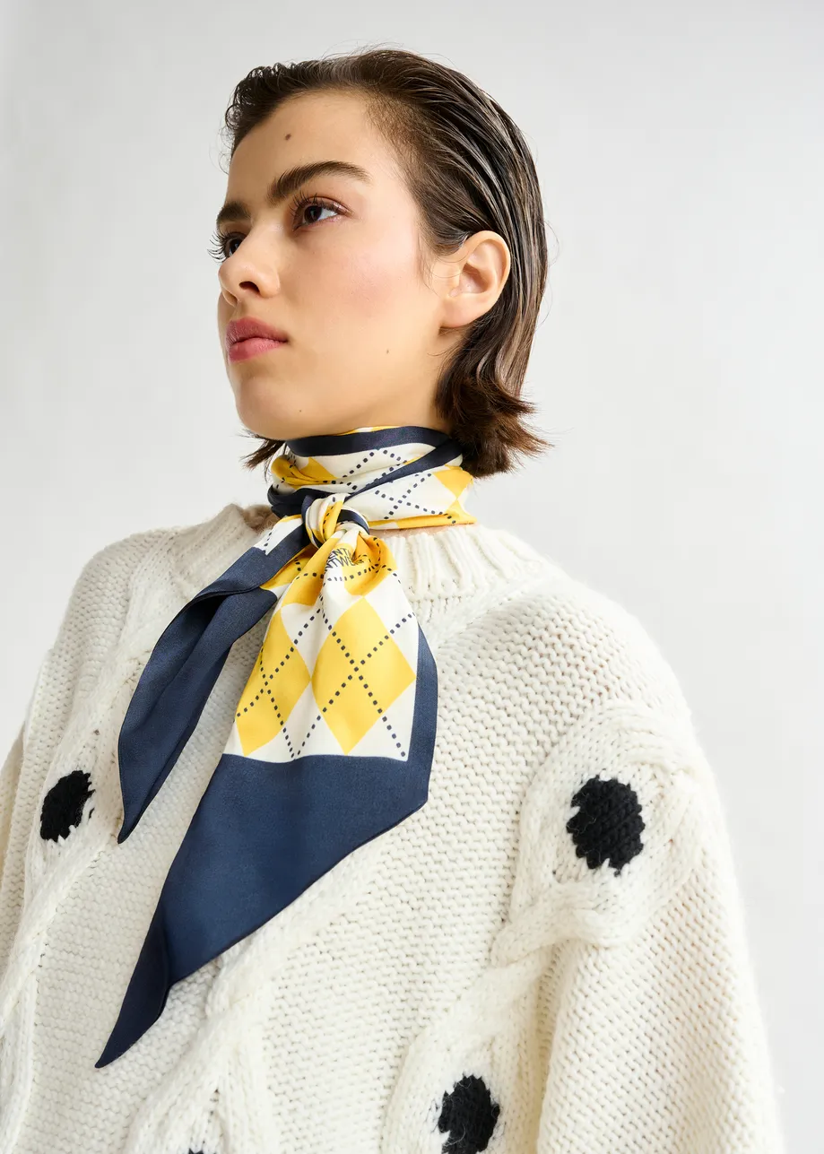 Yellow, navy and white argyle print satin scarf