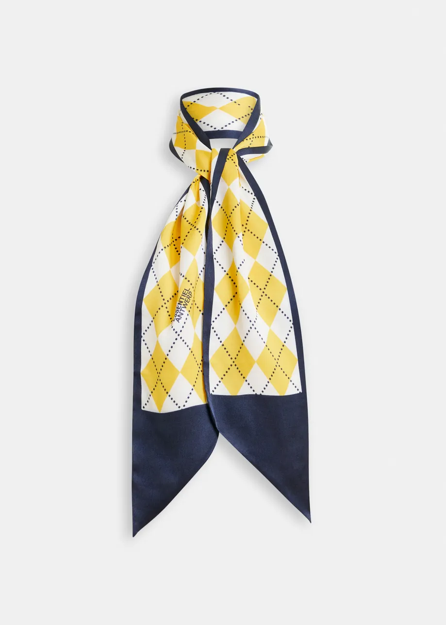 Yellow, navy and white argyle print satin scarf