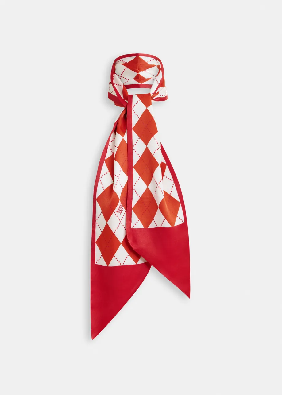 Red and white argyle print satin scarf