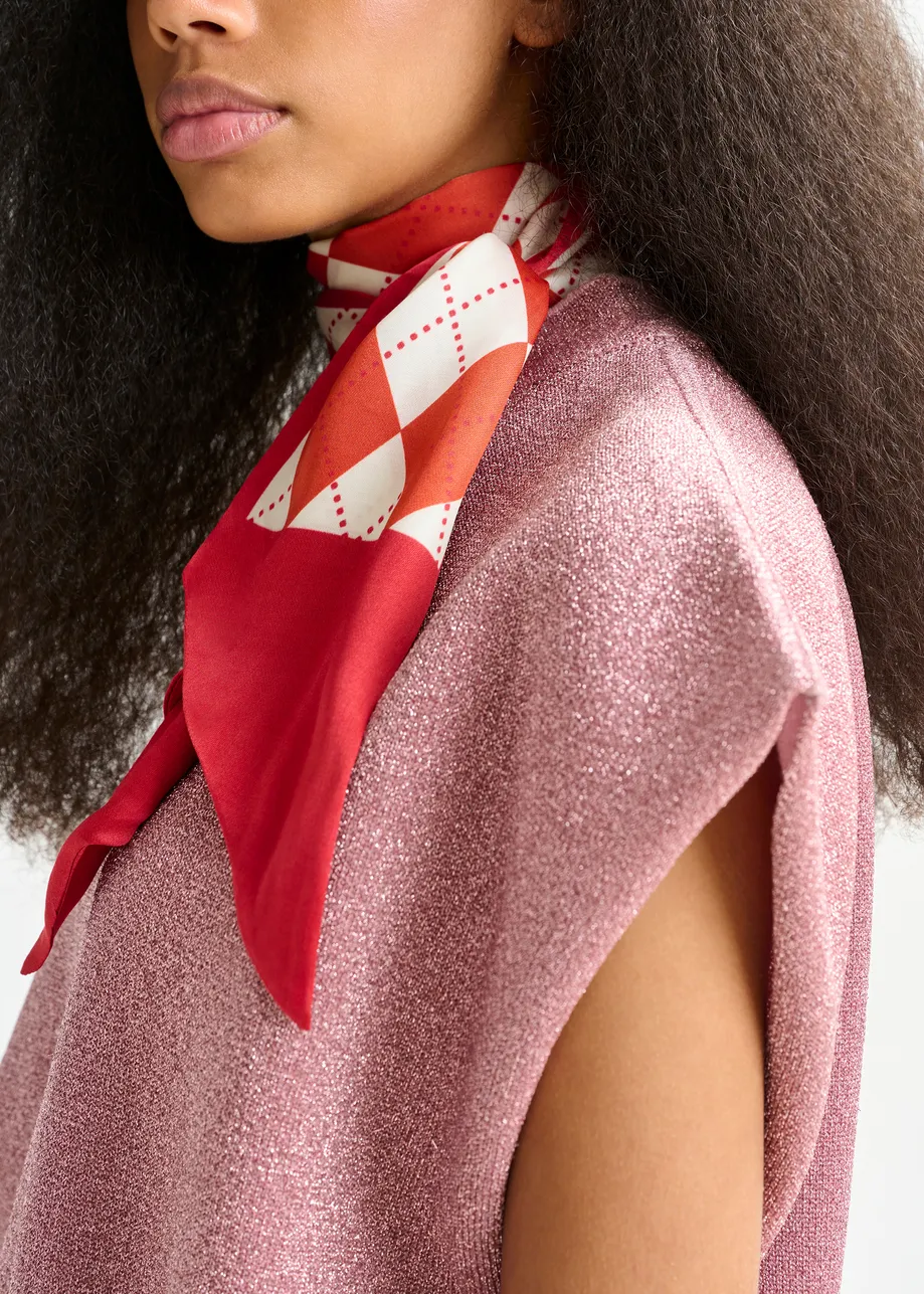 Red and white argyle print satin scarf