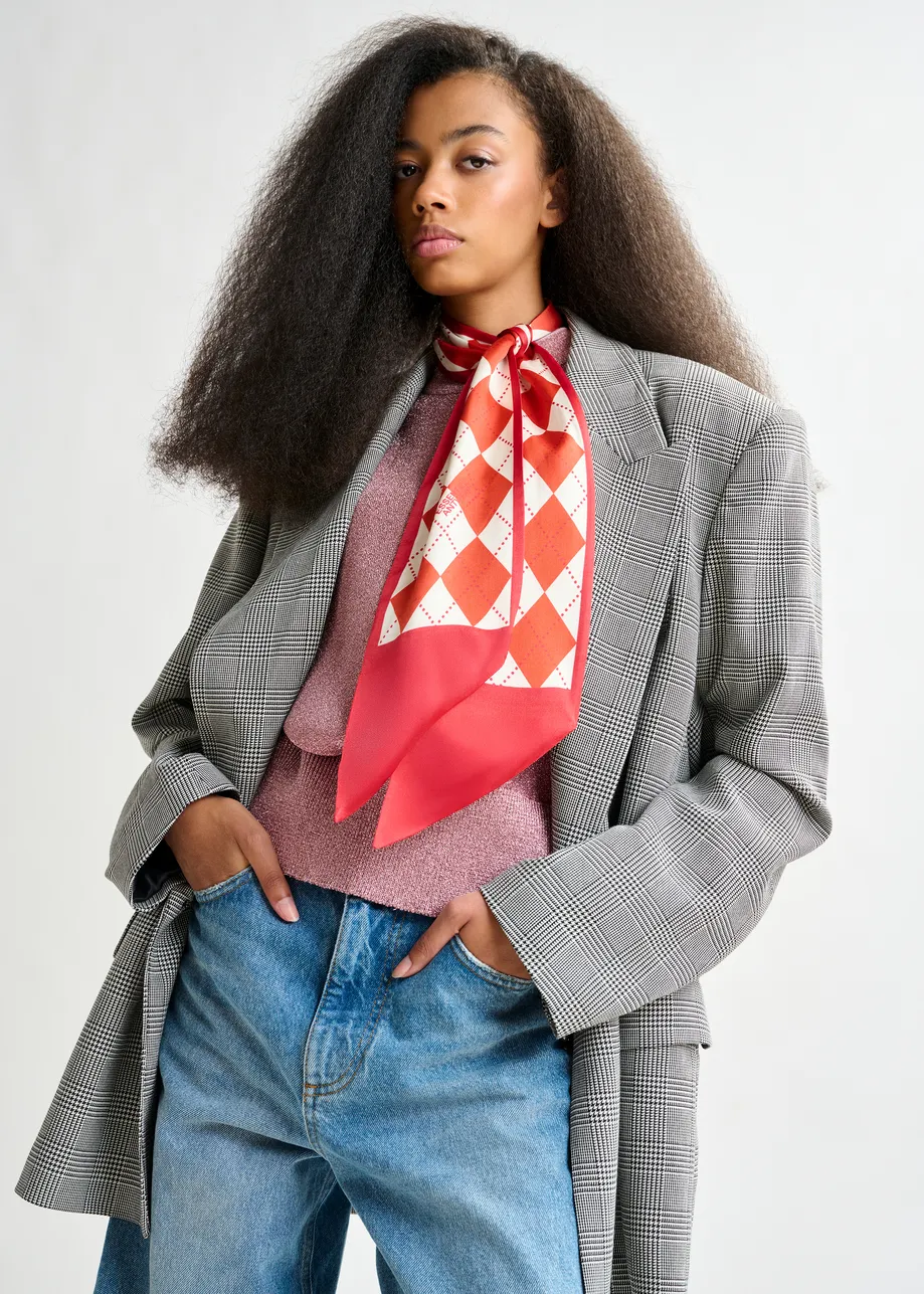 Red and white argyle print satin scarf