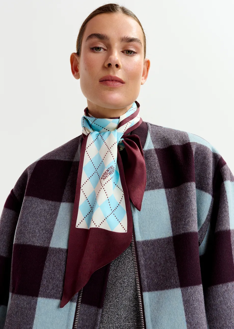 Light blue, off-white and burgundy argyle print satin scarf
