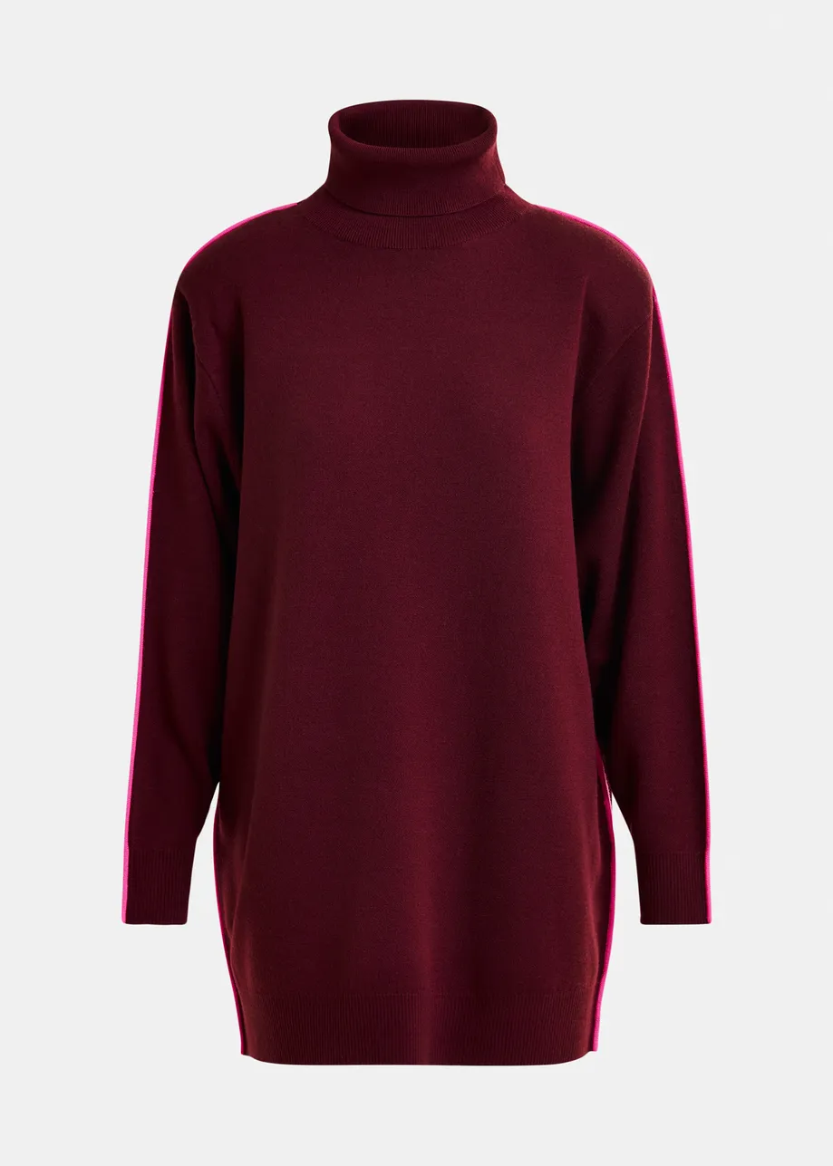 Burgundy and pink turtleneck wool-blend mini dress with contrast stripe
