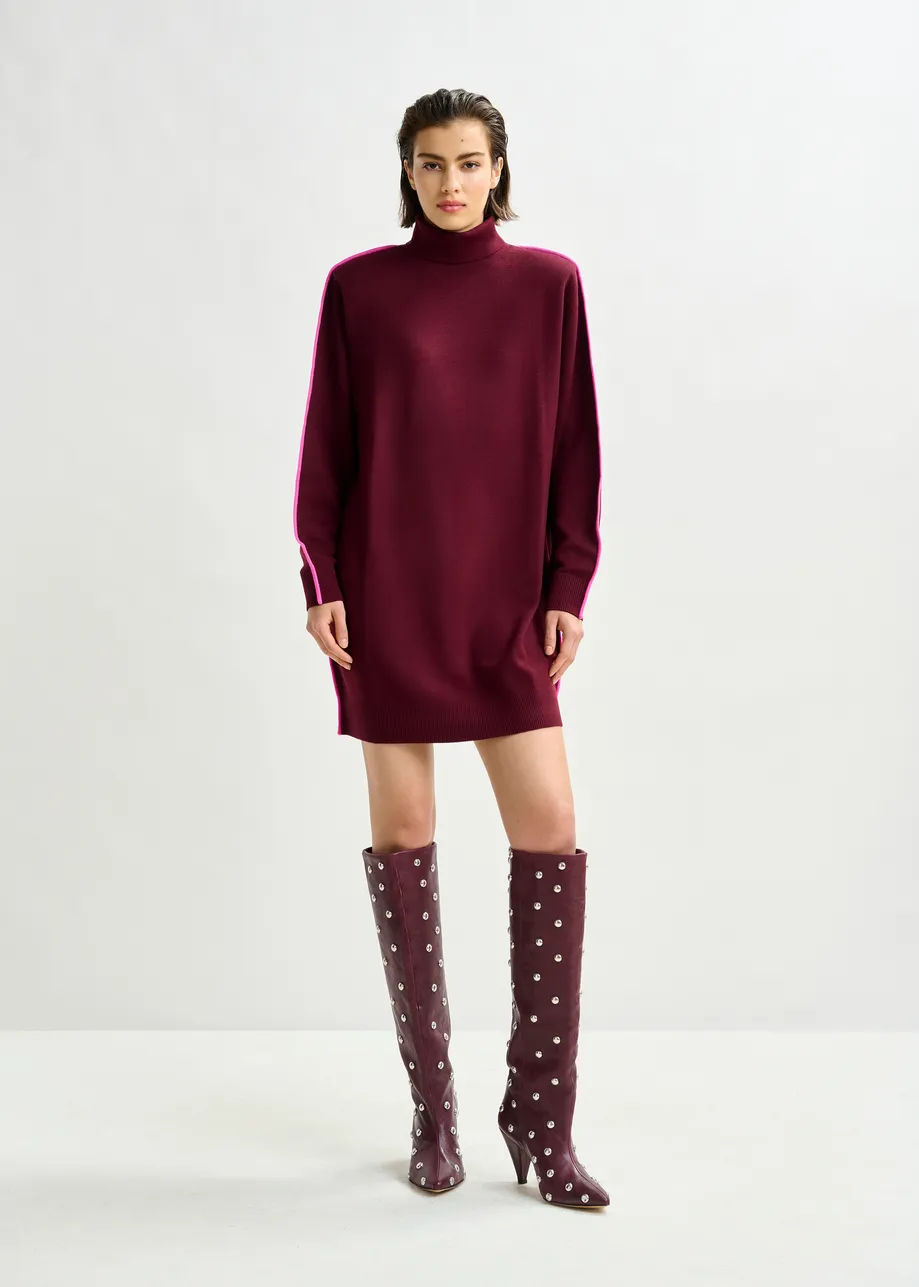 Burgundy and pink turtleneck wool-blend mini dress with contrast stripe