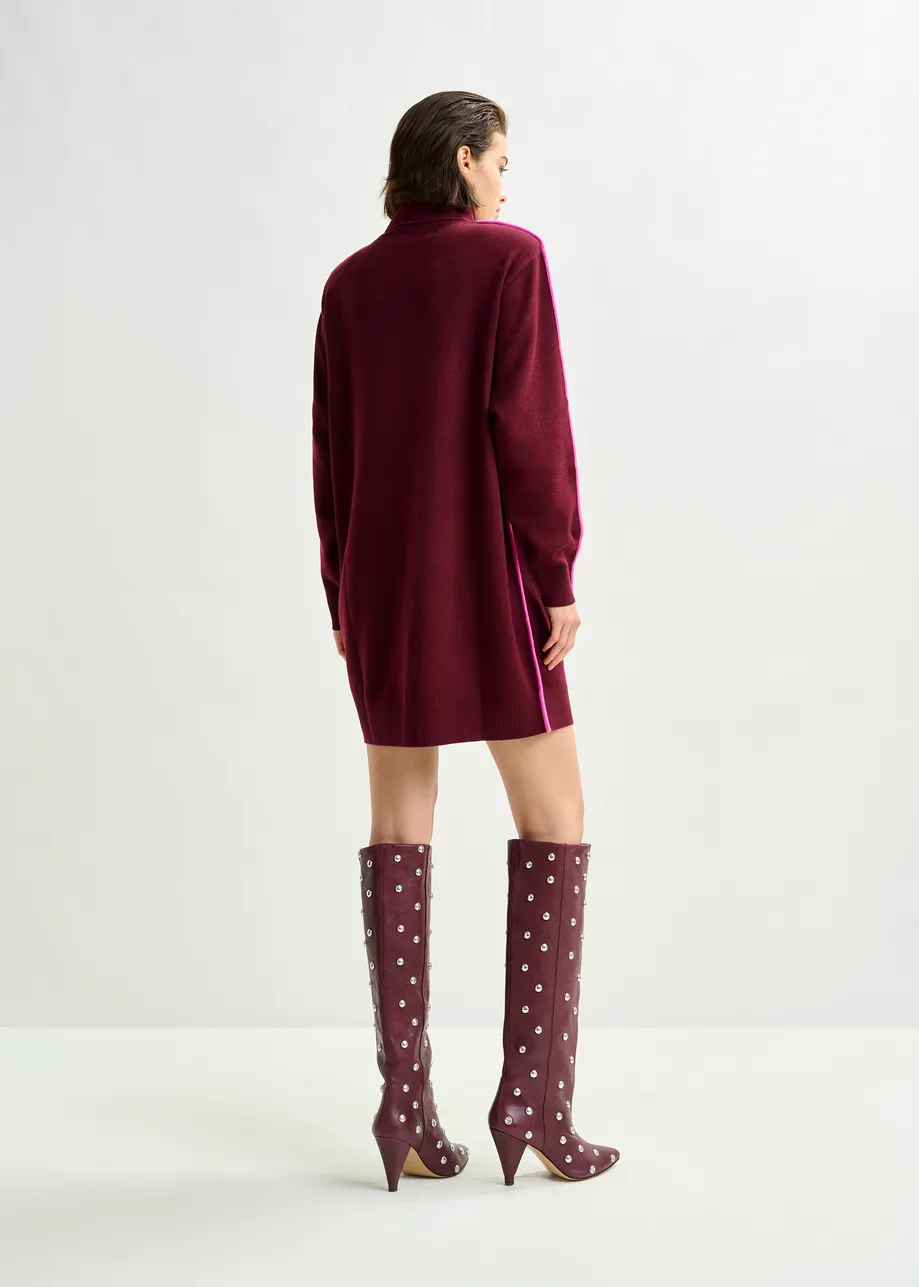 Burgundy and pink turtleneck wool-blend mini dress with contrast stripe