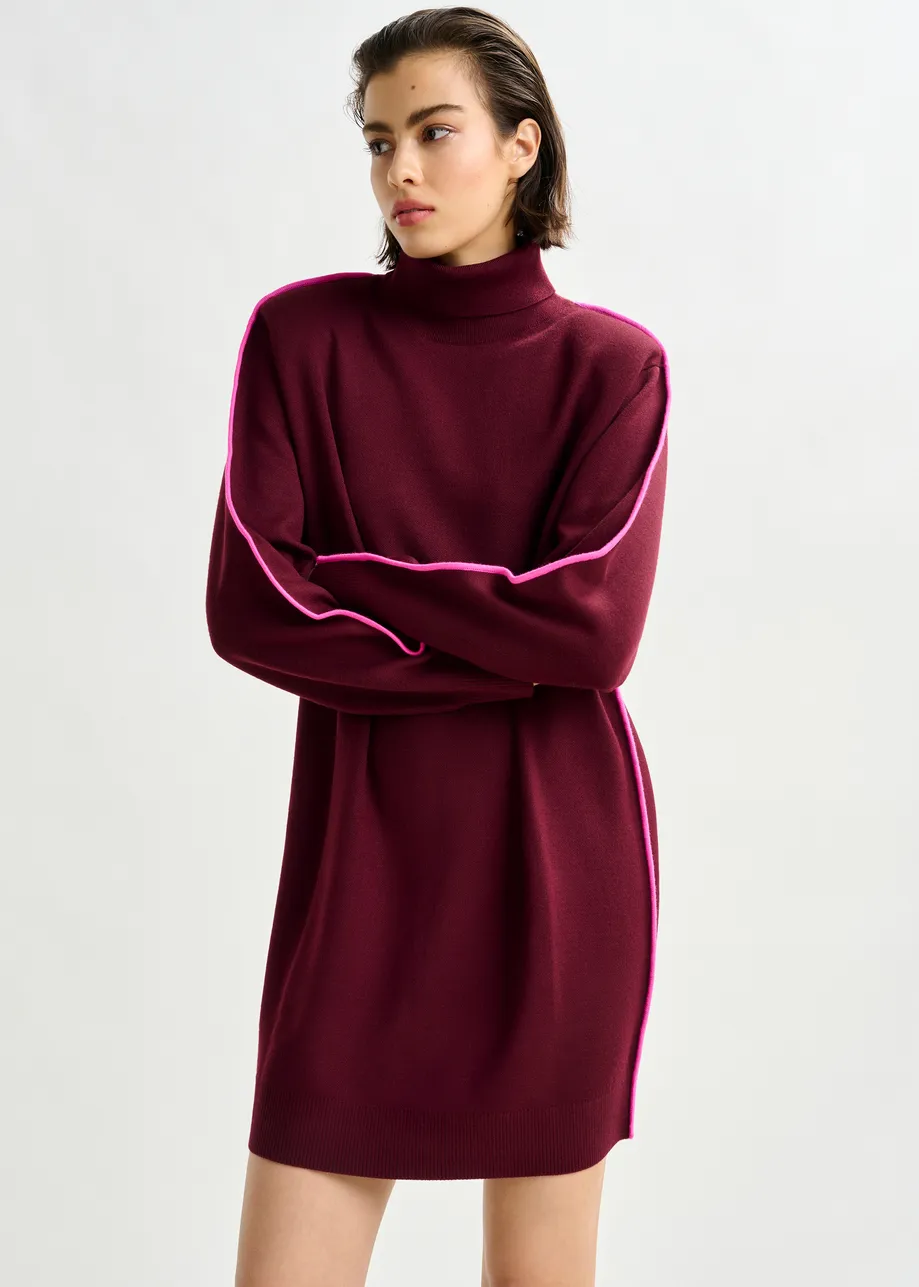 Burgundy and pink turtleneck wool-blend mini dress with contrast stripe