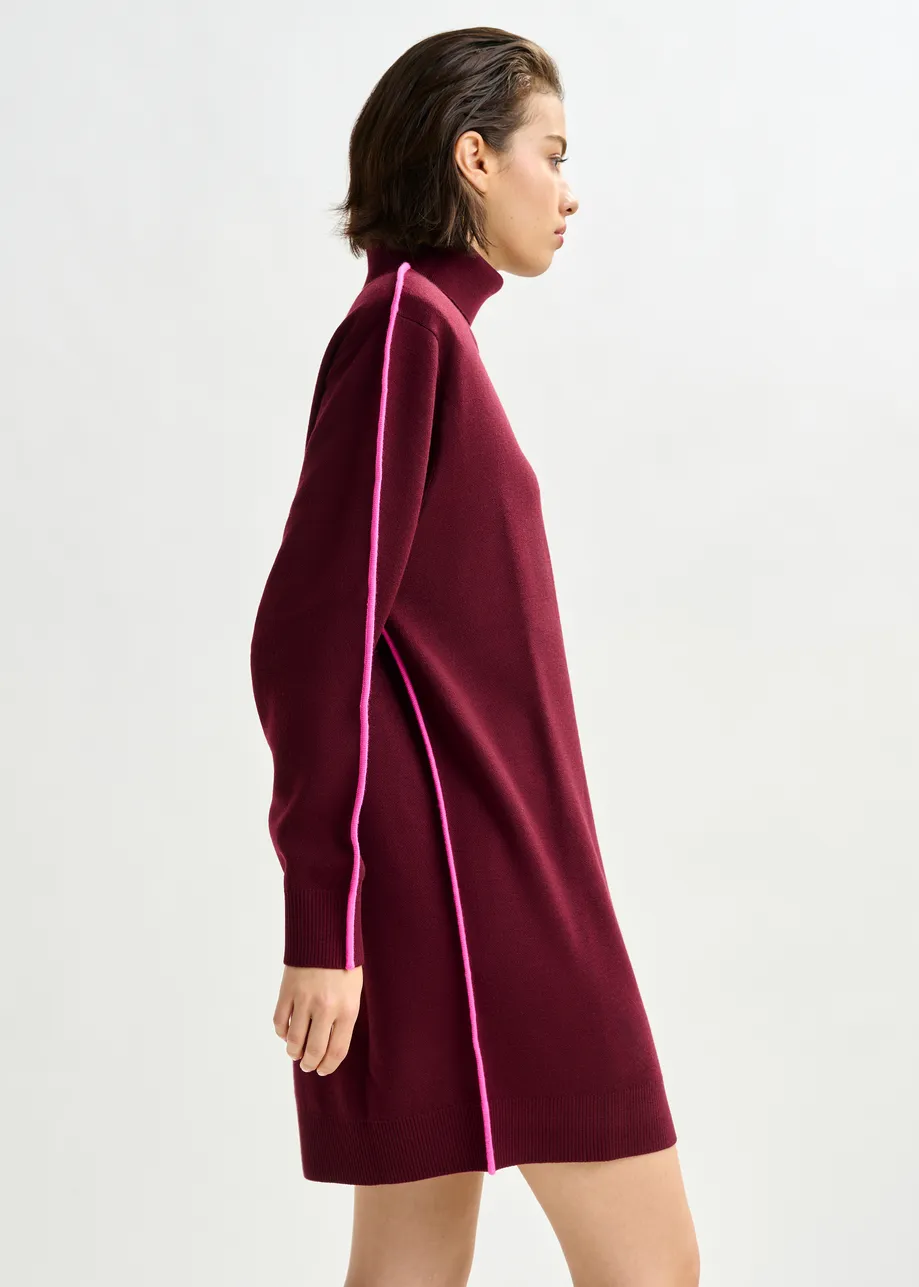 Burgundy and pink turtleneck wool-blend mini dress with contrast stripe