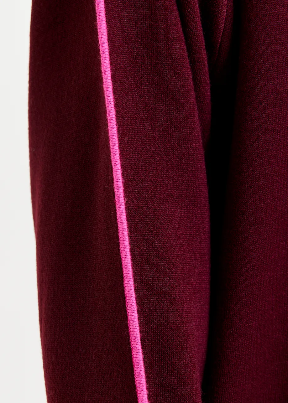 Burgundy and pink turtleneck wool-blend mini dress with contrast stripe