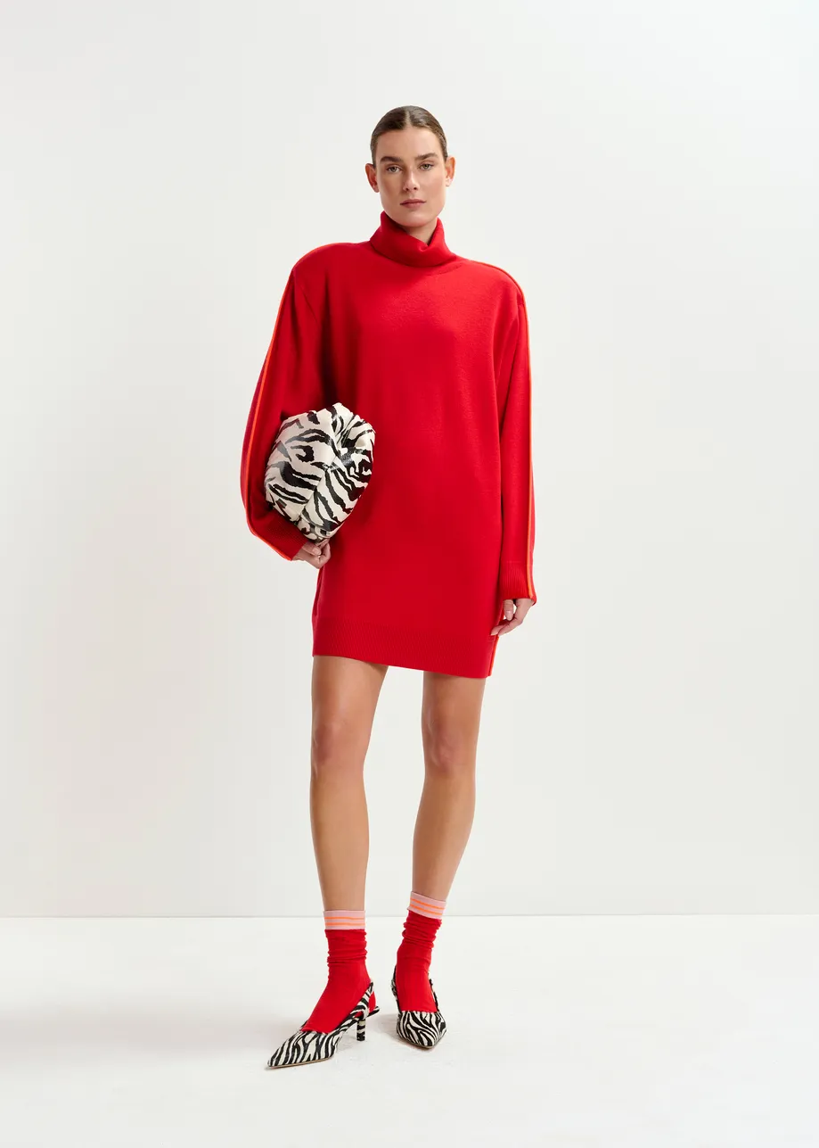 Red and orange turtleneck wool-blend mini dress with contrast stripe