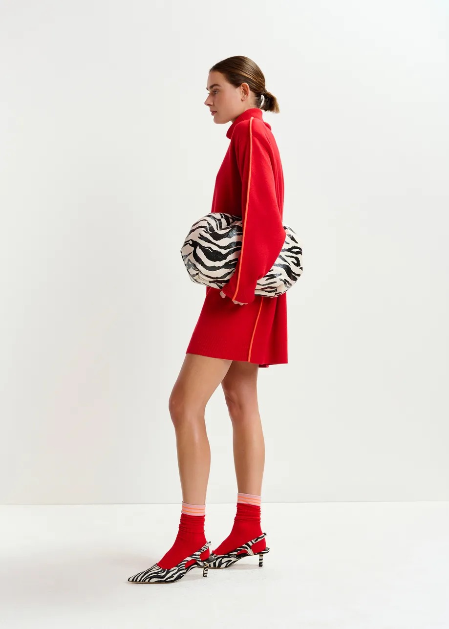 Red and orange turtleneck wool-blend mini dress with contrast stripe