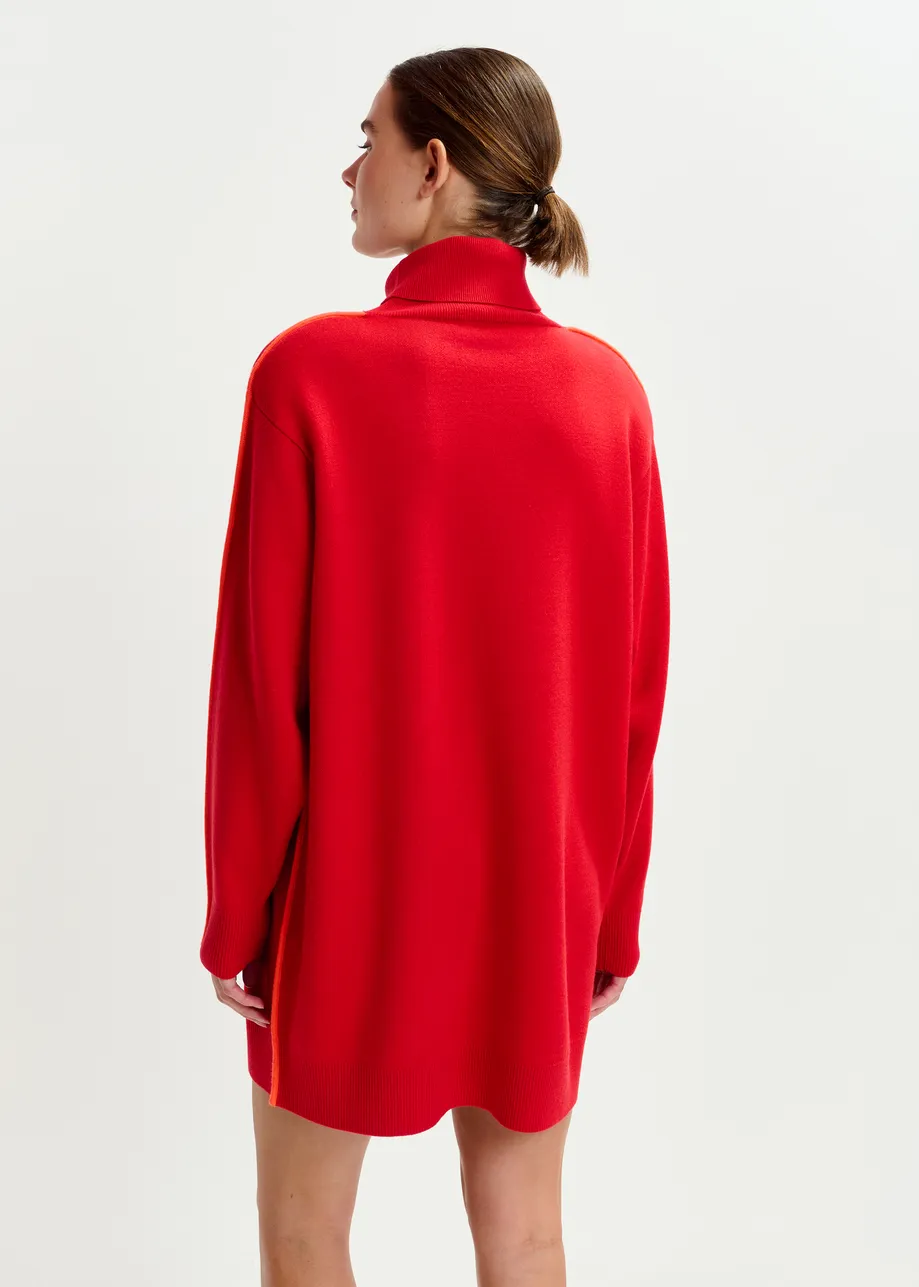 Red and orange turtleneck wool-blend mini dress with contrast stripe
