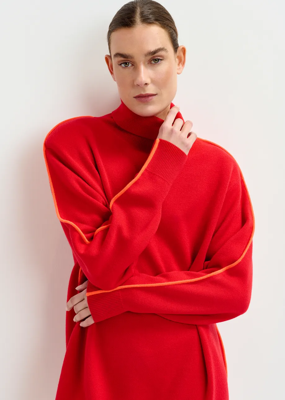 Red and orange turtleneck wool-blend mini dress with contrast stripe