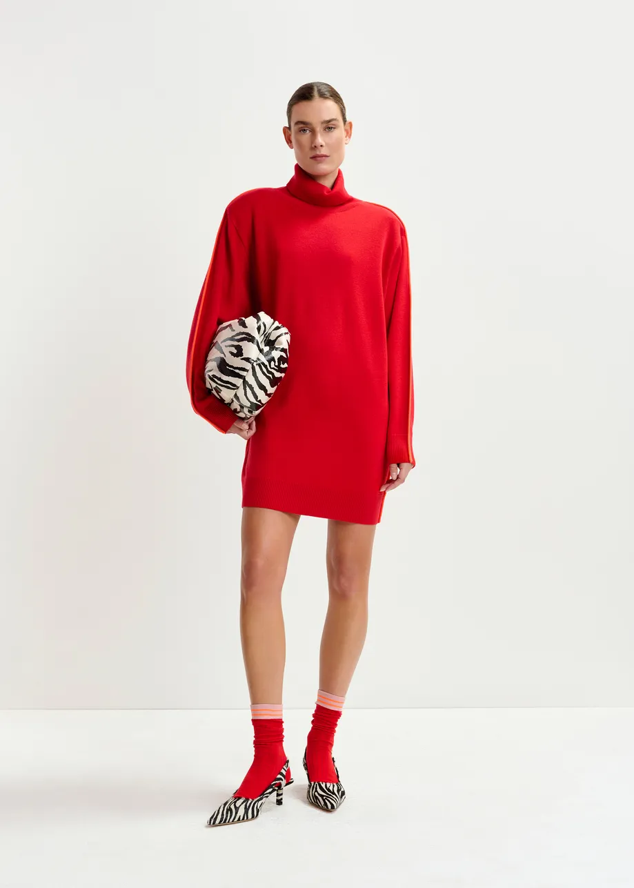 Minikleid in Rot und Orange aus Wollmischgewebe mit Rollkragen und Kontraststreifen