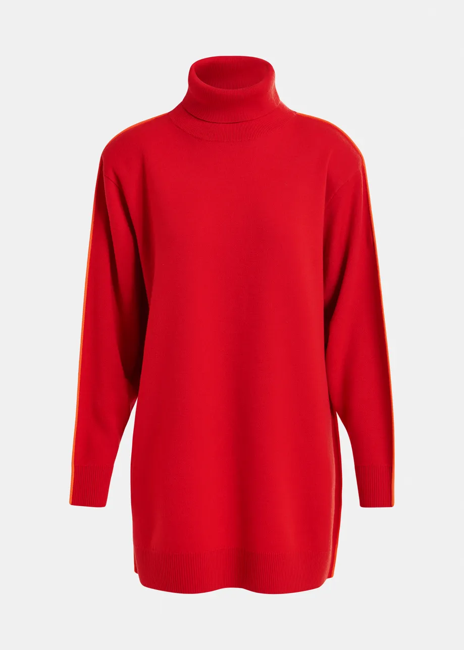 Red and orange turtleneck wool-blend mini dress with contrast stripe