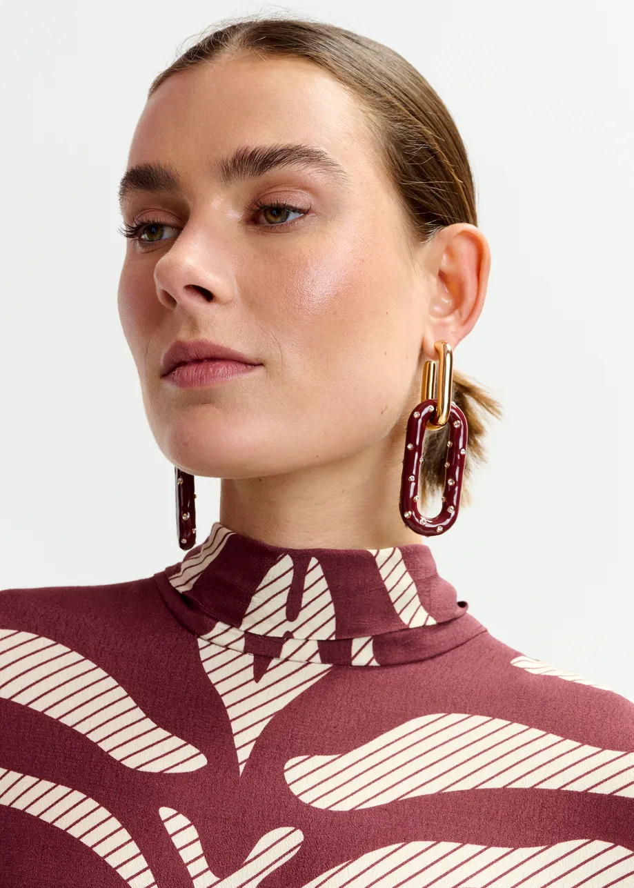 Burgundy gold-tone and enamel rhinestone-encrusted link earrings