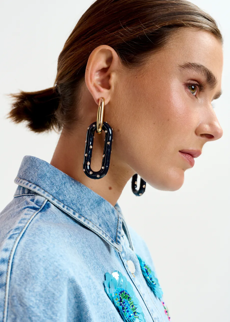 Navy gold-tone and enamel rhinestone-encrusted link earrings