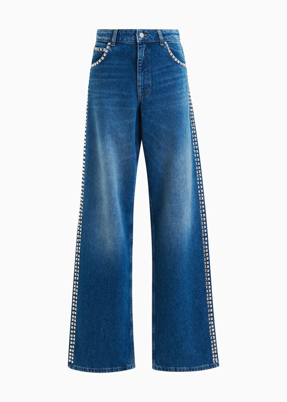 Dark blue straight leg jeans with sud embellishments