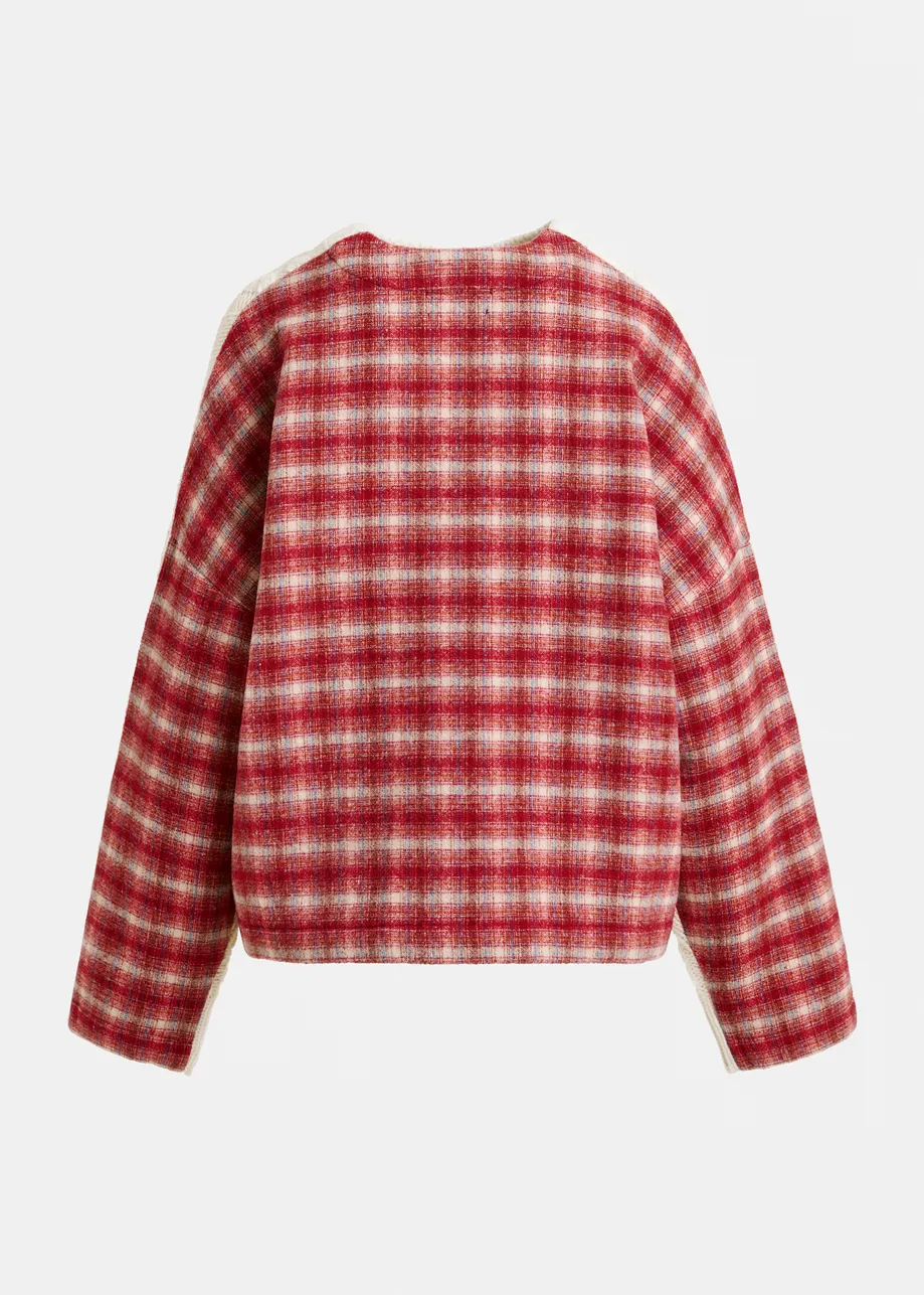 Beige, red and off-white cable-knit wool-blend sweater with checked back panel