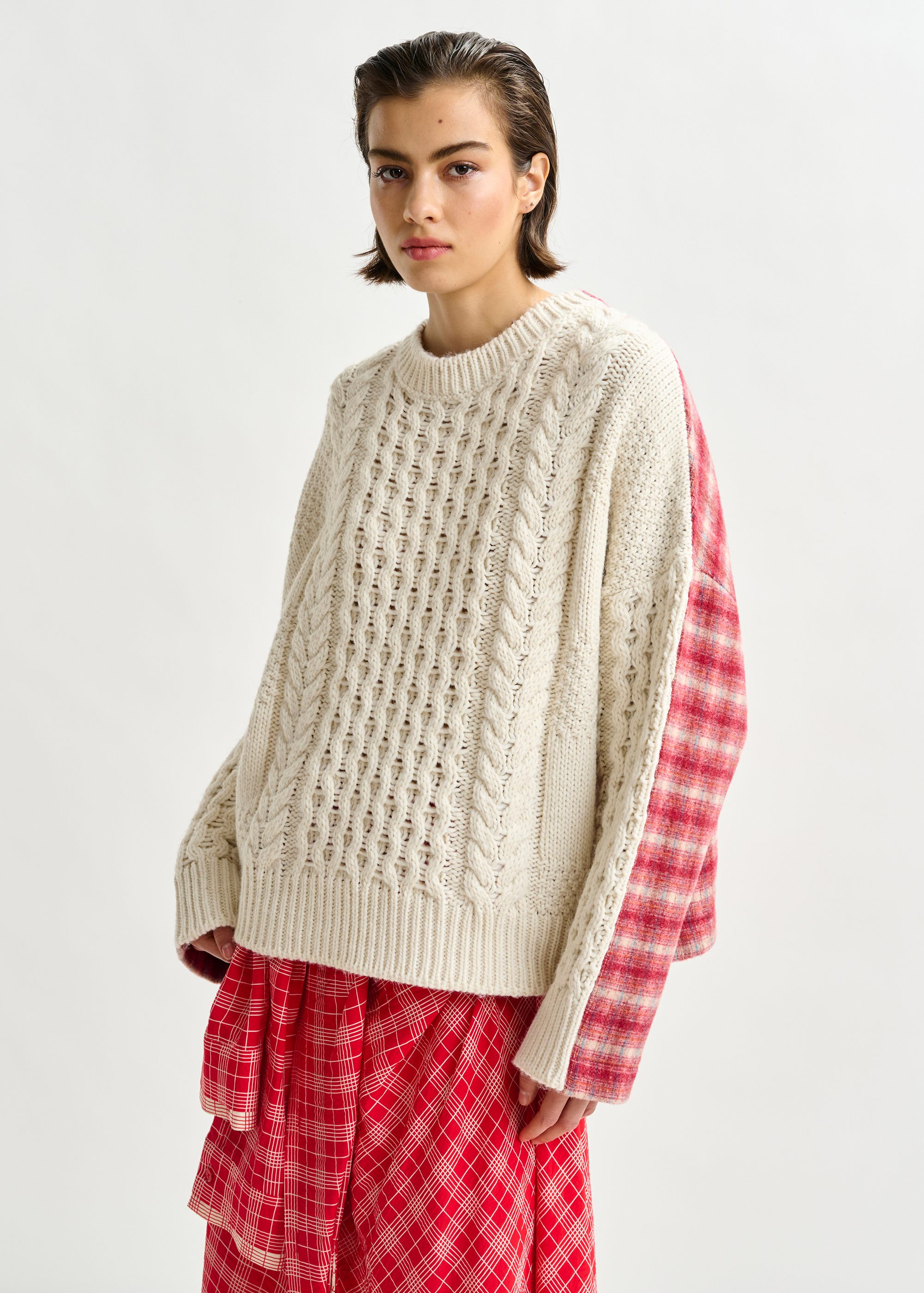 アメリヴィンテージ UNION CHECK KNIT Ladies Jersey Knit With Tie Front - Mink/Ivory