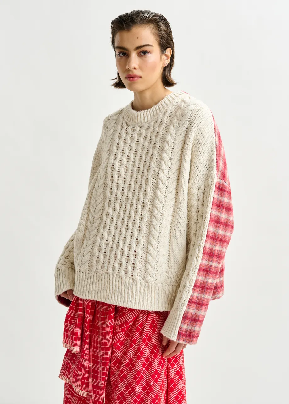 Beige, red and off-white cable-knit wool-blend sweater with checked back panel