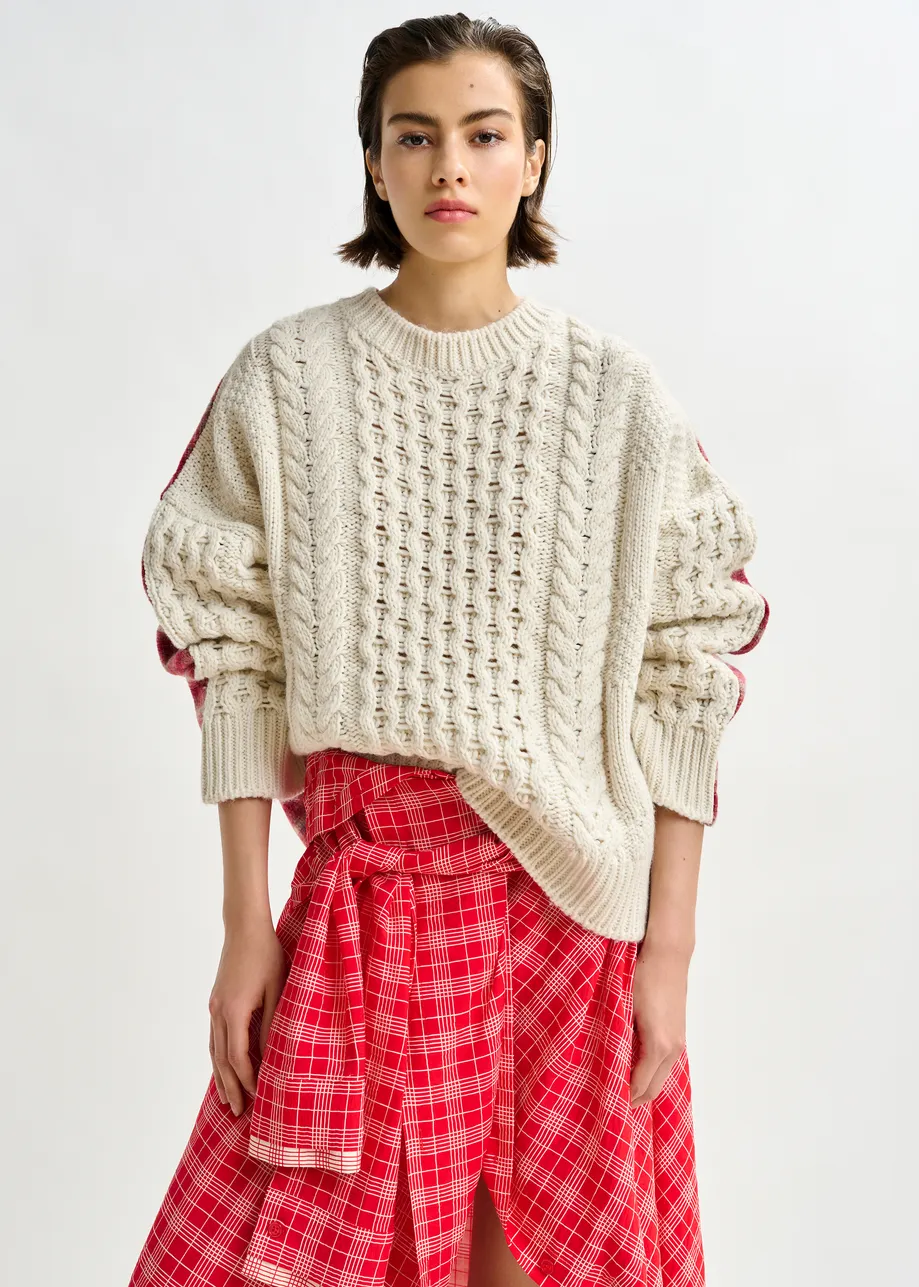 Beige, red and off-white cable-knit wool-blend sweater with checked back panel