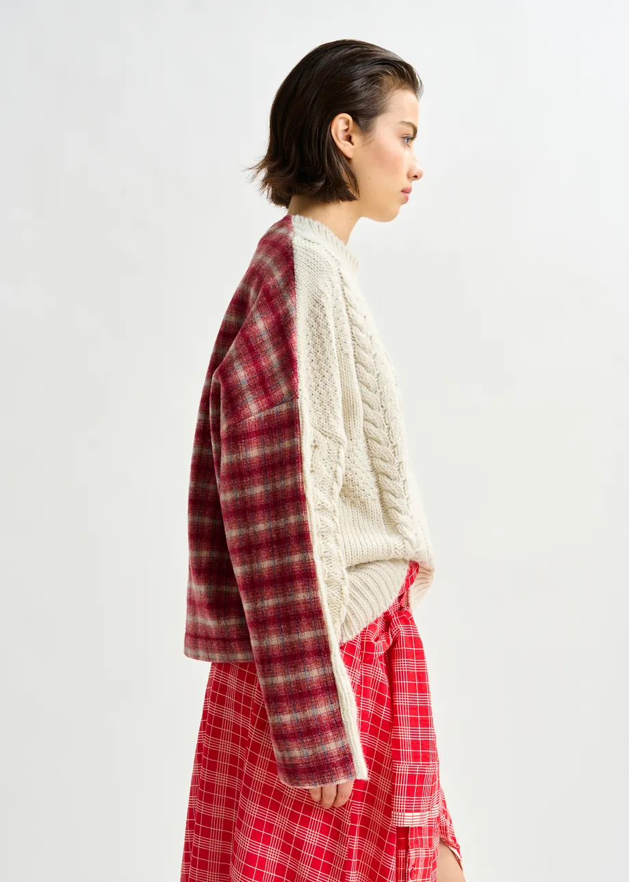 Beige, red and off-white cable-knit wool-blend sweater with checked back panel
