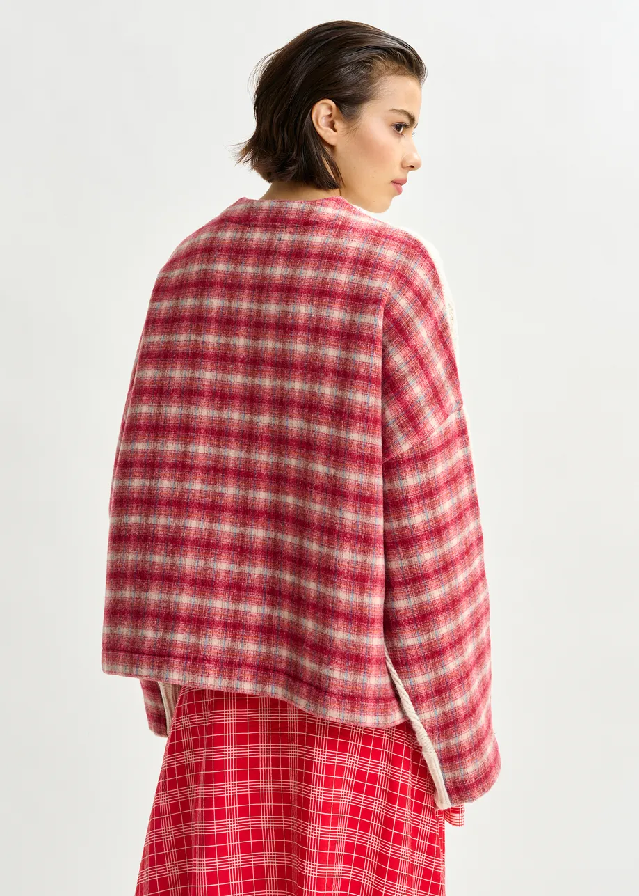 Beige, red and off-white cable-knit wool-blend sweater with checked back panel