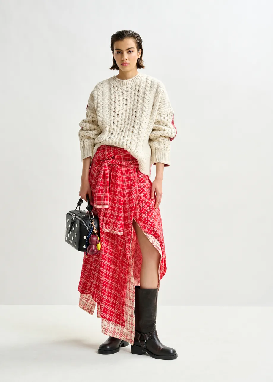 Beige, red and off-white cable-knit wool-blend sweater with checked back panel