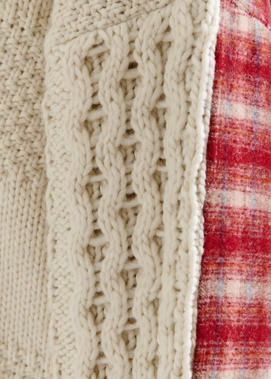 Beige, red and off-white cable-knit wool-blend sweater with checked back panel