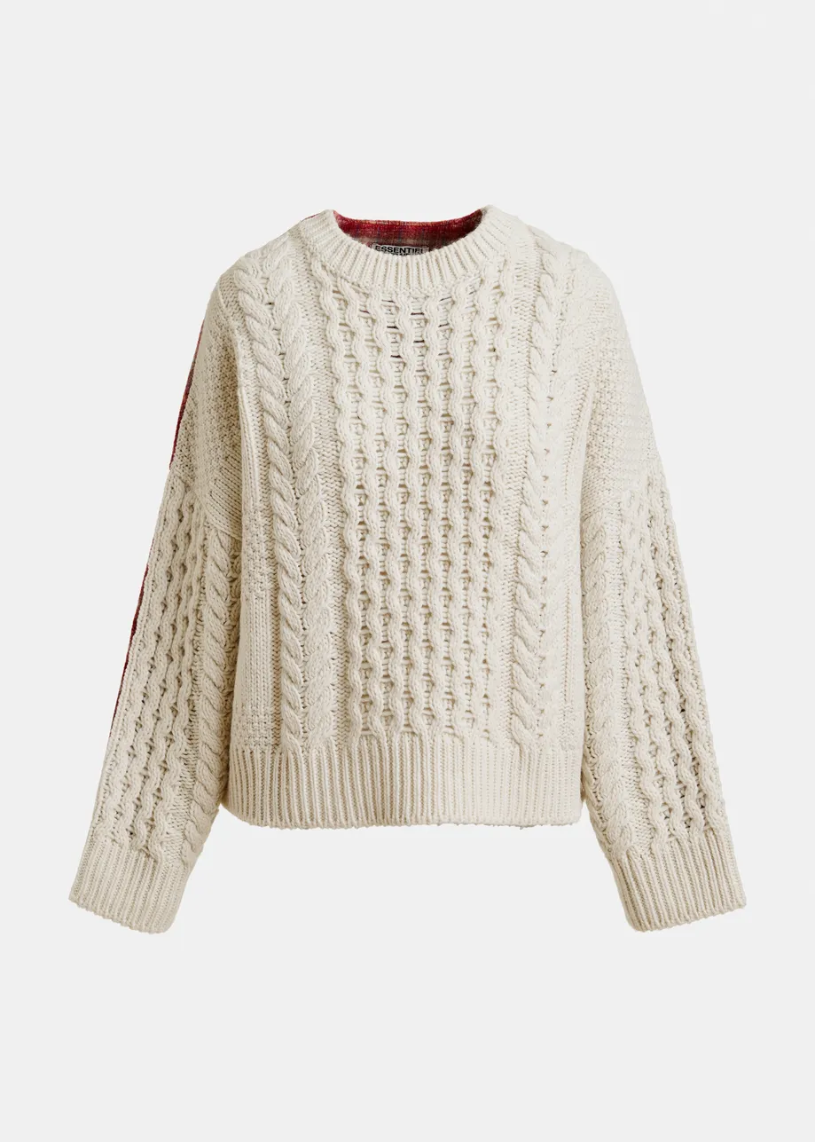 Beige, red and off-white cable-knit wool-blend sweater with checked back panel