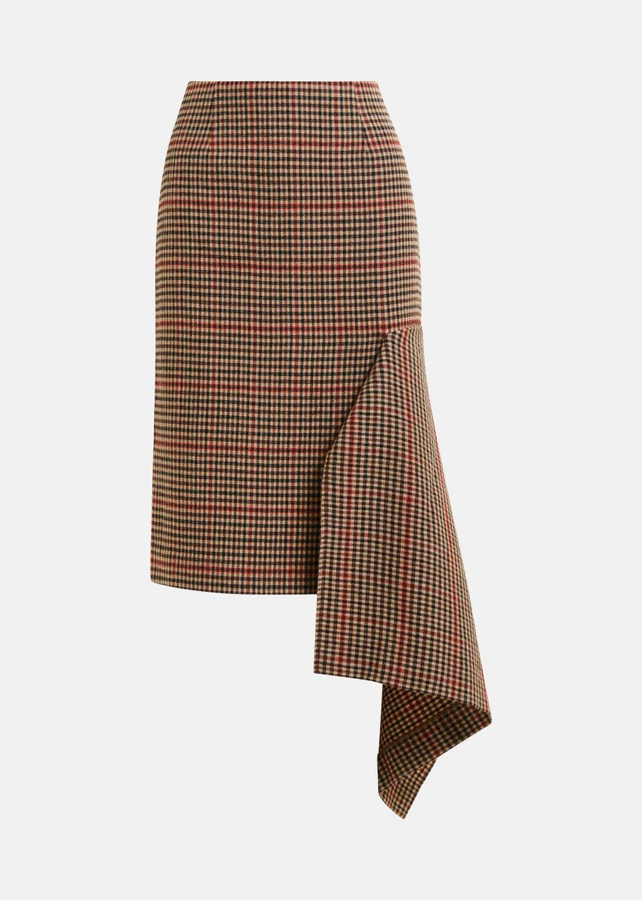 Brown, beige and red checked wool-blend draped midi pencil skirt