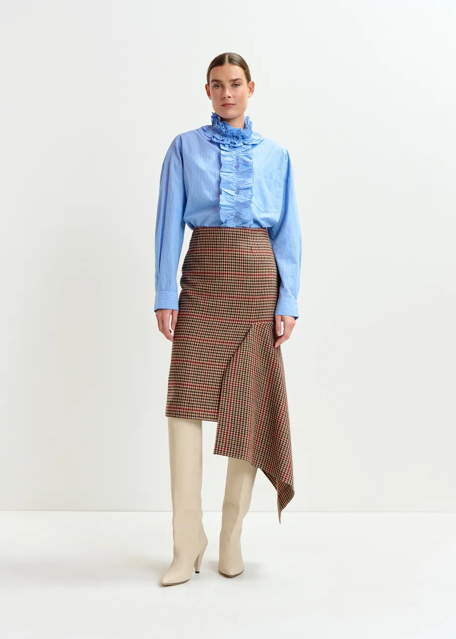 Brown, beige and red checked wool-blend draped midi pencil skirt