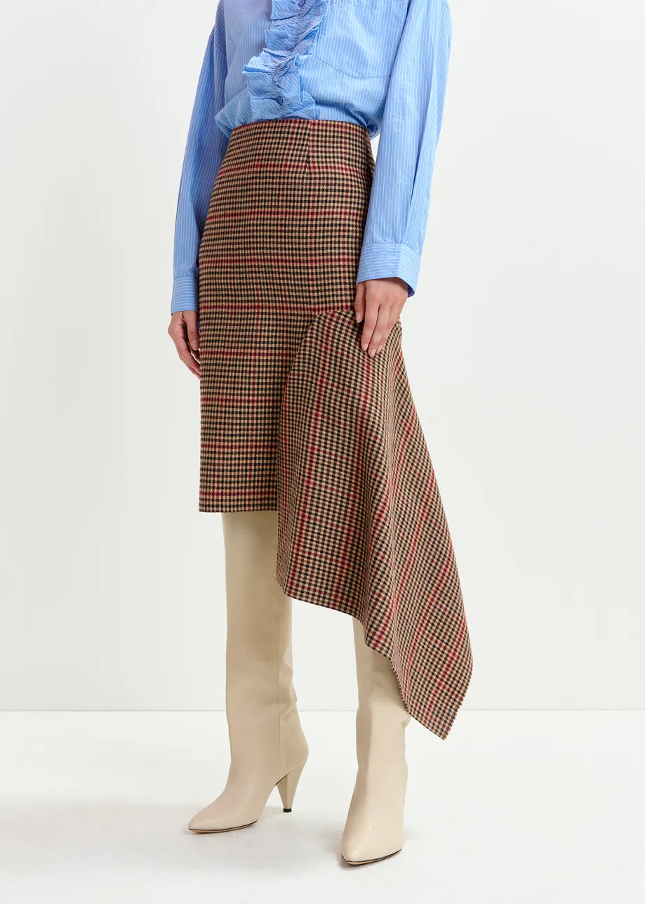 Brown, beige and red checked wool-blend draped midi pencil skirt