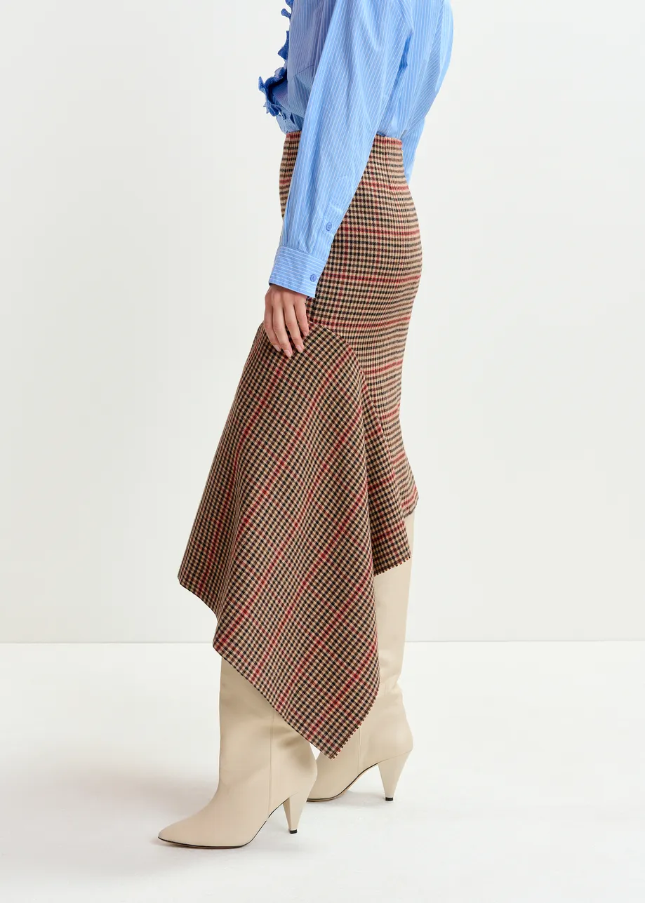 Brown, beige and red checked wool-blend draped midi pencil skirt