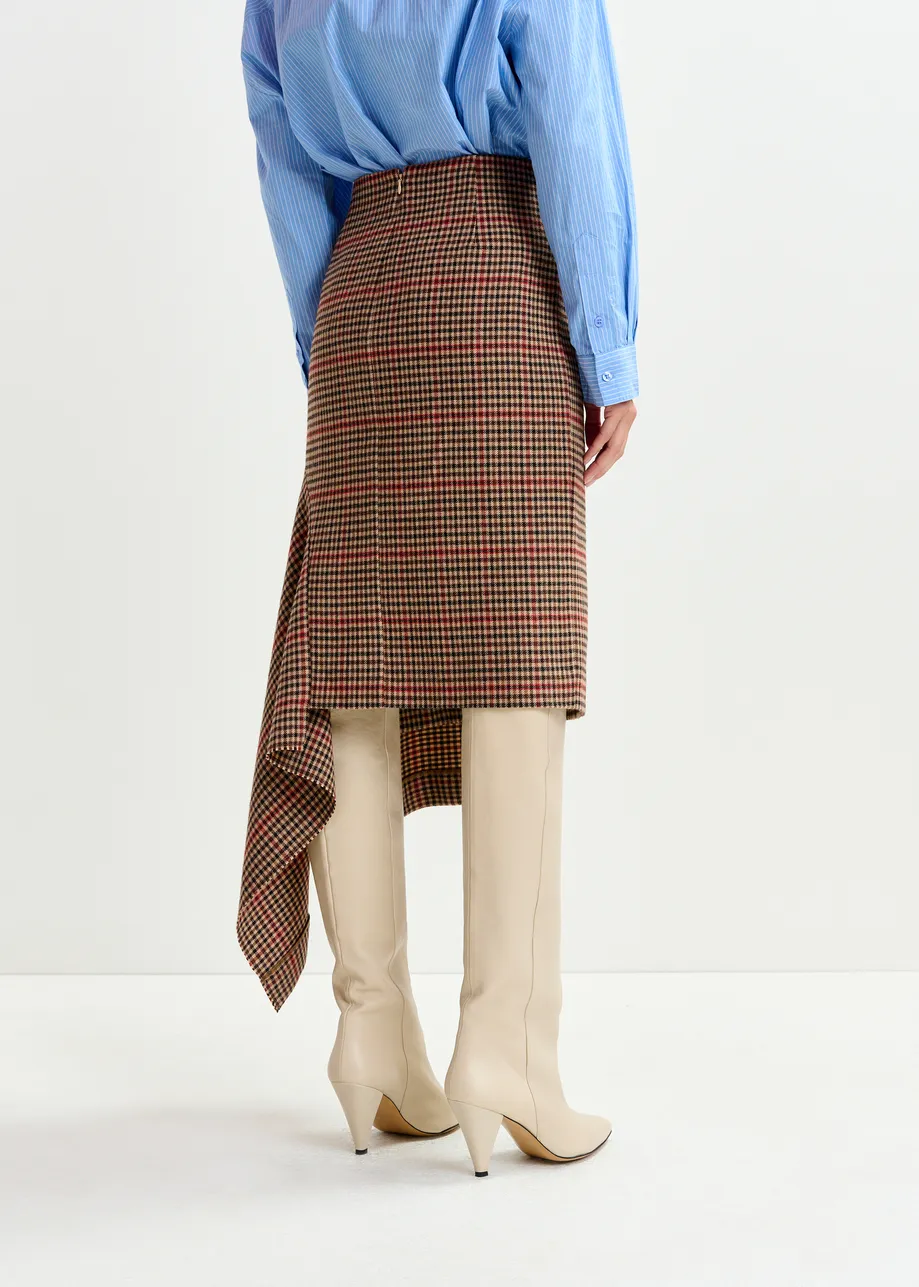 Brown, beige and red checked wool-blend draped midi pencil skirt