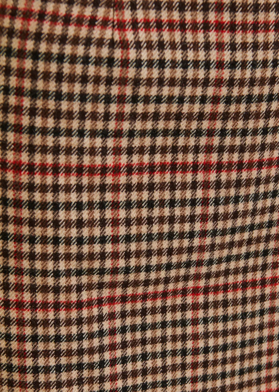 Brown, beige and red checked wool-blend draped midi pencil skirt
