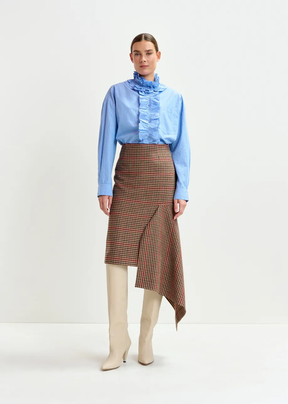 Brown, beige and red checked wool-blend draped midi pencil skirt