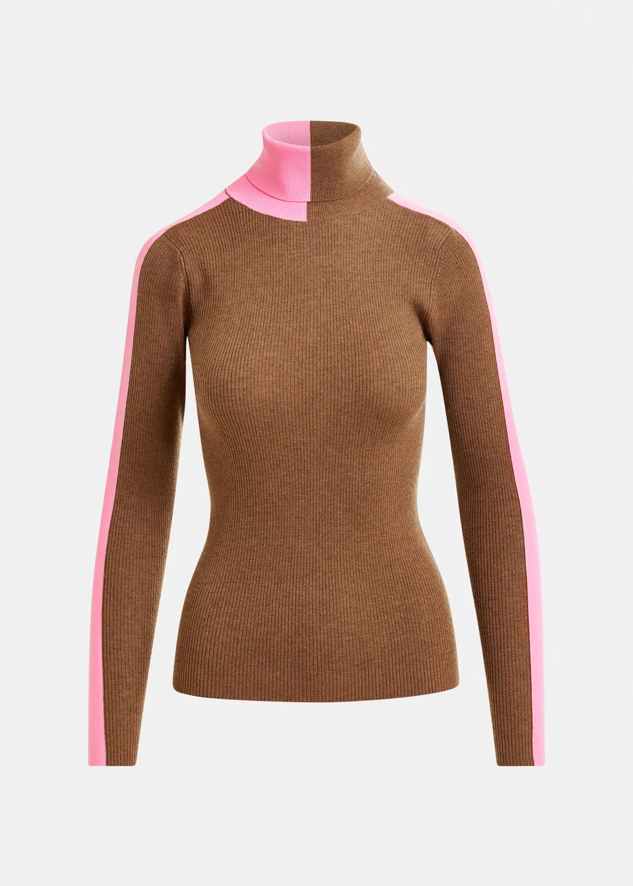 Pull à col roulé brun et rose