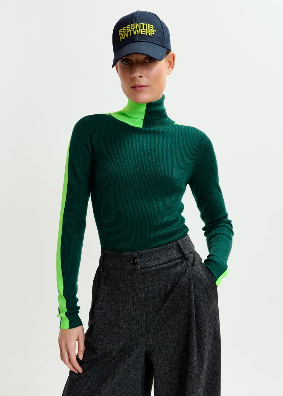 Dark green and fluo green two-tone wool-blend turtleneck sweater