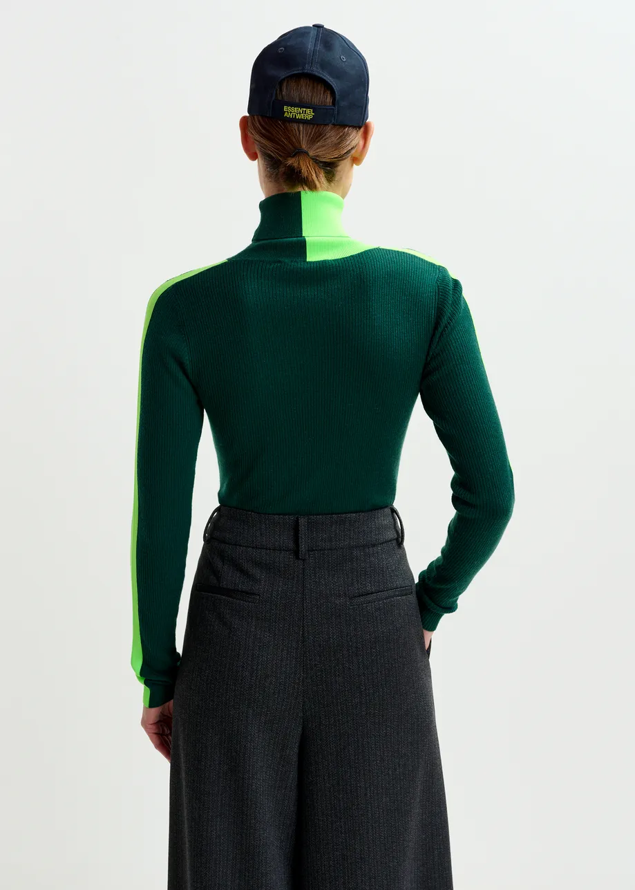 Dark green and fluo green two-tone wool-blend turtleneck sweater