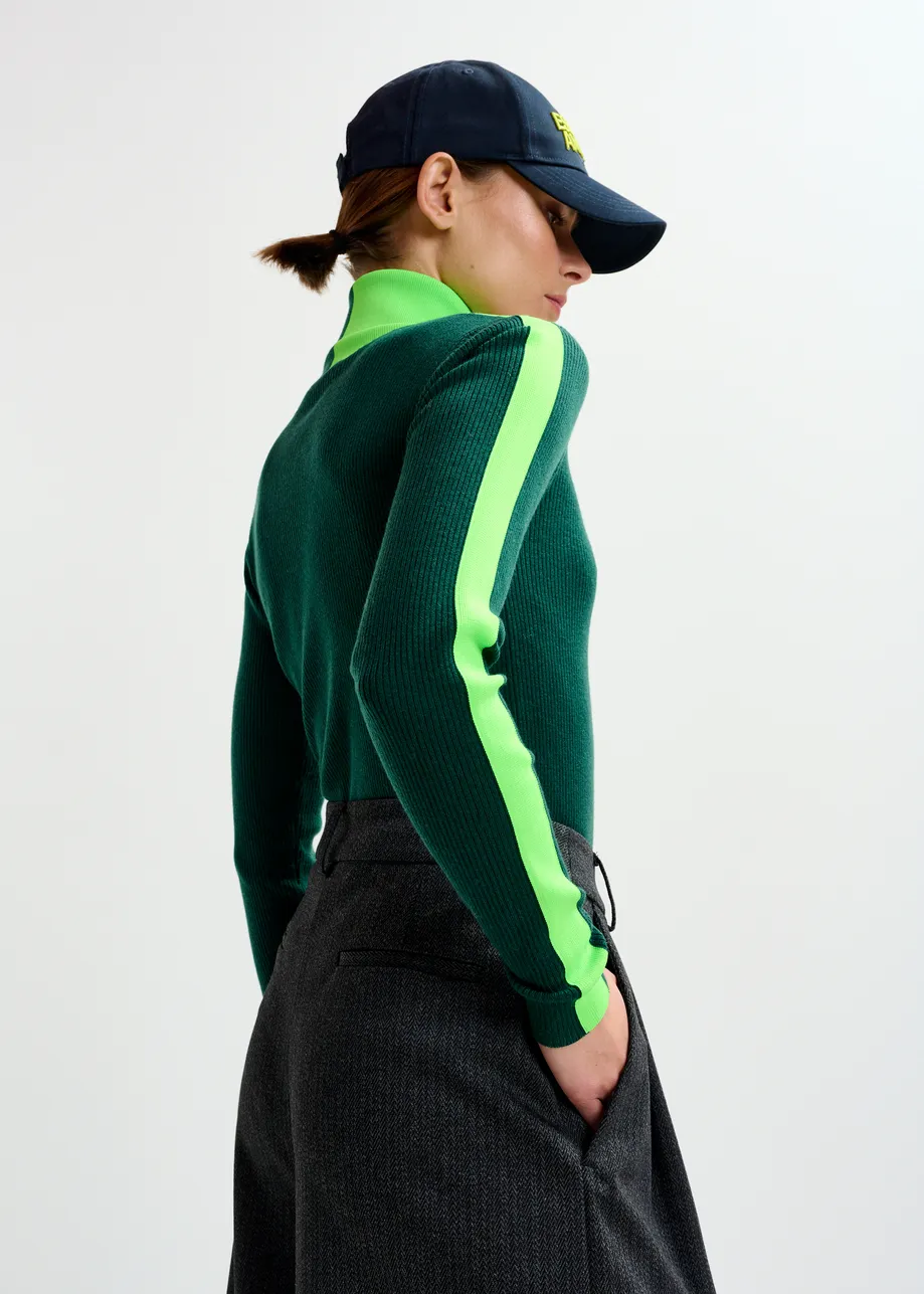 Dark green and fluo green two-tone wool-blend turtleneck sweater