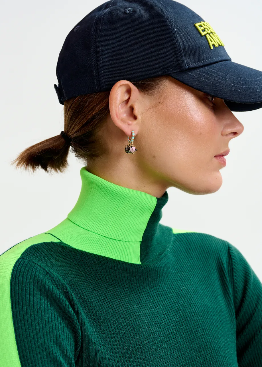 Dark green and fluo green two-tone wool-blend turtleneck sweater