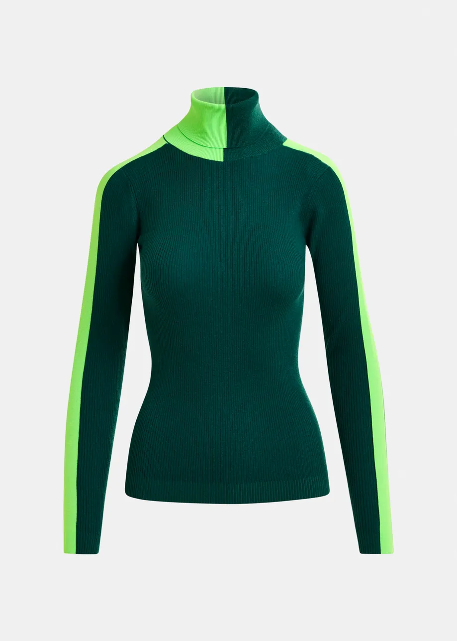 Dark green and fluo green two-tone wool-blend turtleneck sweater