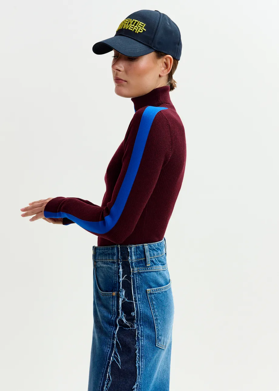 Dark brown and blue two-tone wool-blend turtleneck sweater