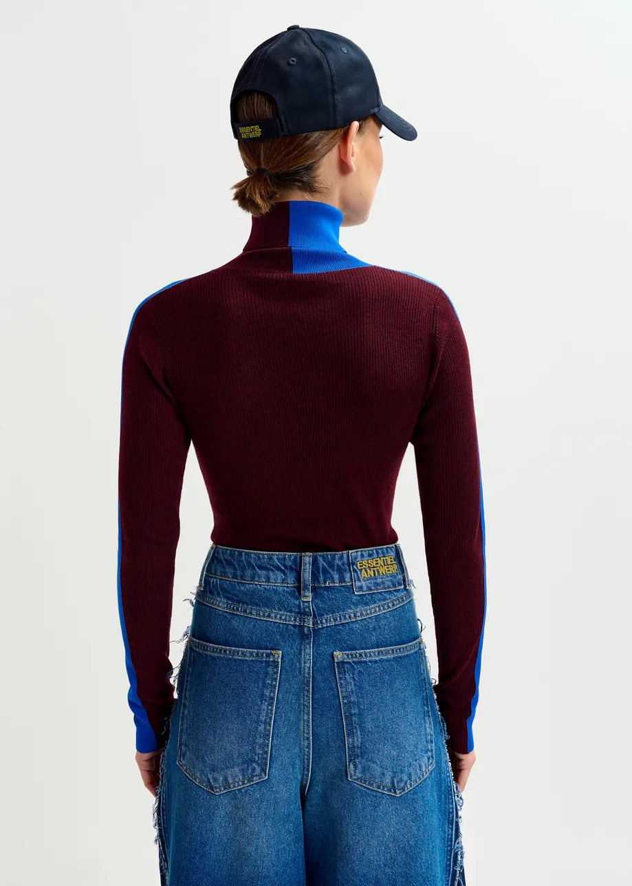 Dark brown and blue two-tone wool-blend turtleneck sweater