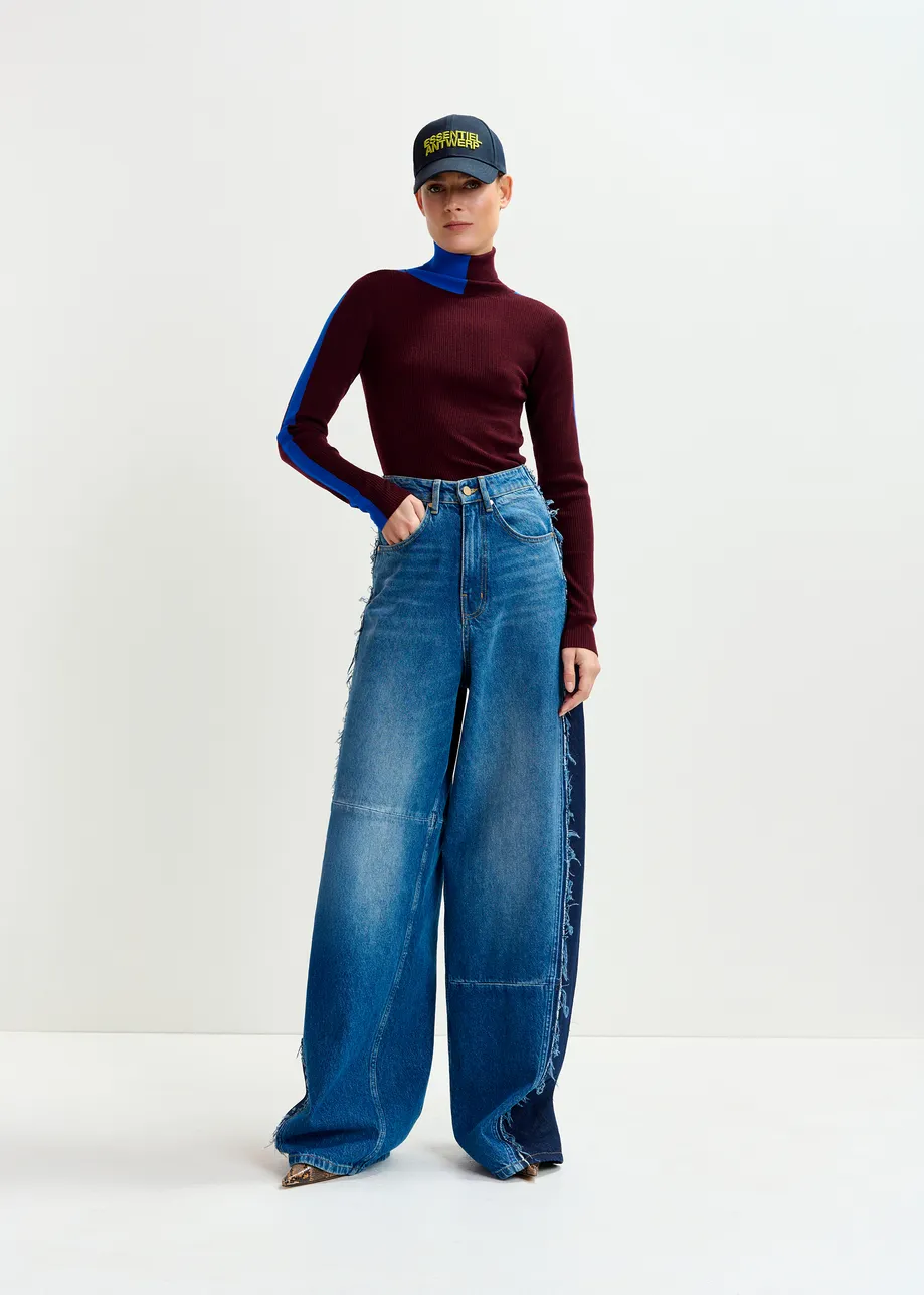 Dark brown and blue two-tone wool-blend turtleneck sweater
