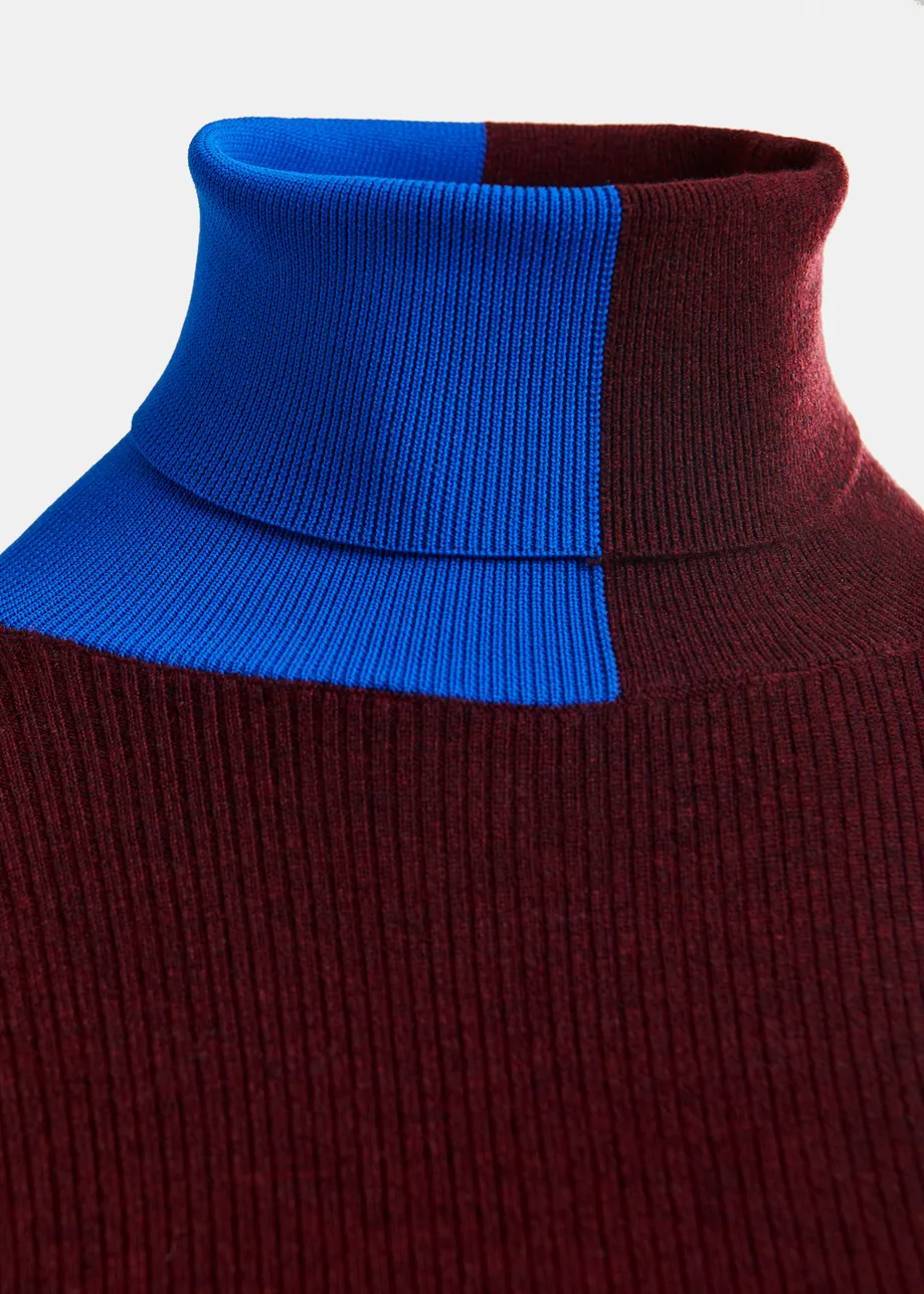 Dark brown and blue two-tone wool-blend turtleneck sweater