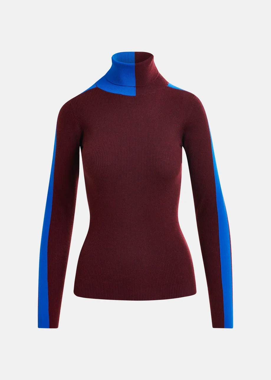 Dark brown and blue two-tone wool-blend turtleneck sweater